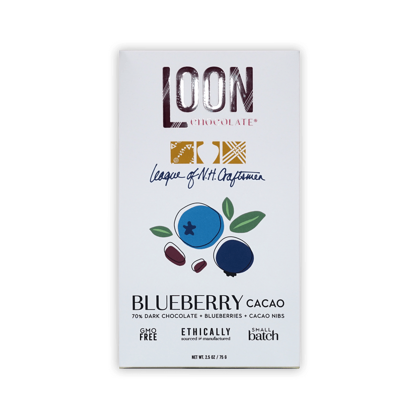 Loon Chocolate white box, Blueberry Cacao, 70% dark chocolate with blueberries and cacao nibs, berry illustration, 75g