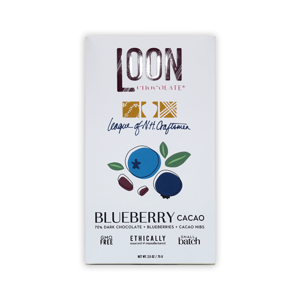 Loon Chocolate white box, Blueberry Cacao, 70% dark chocolate with blueberries and cacao nibs, berry illustration, 75g