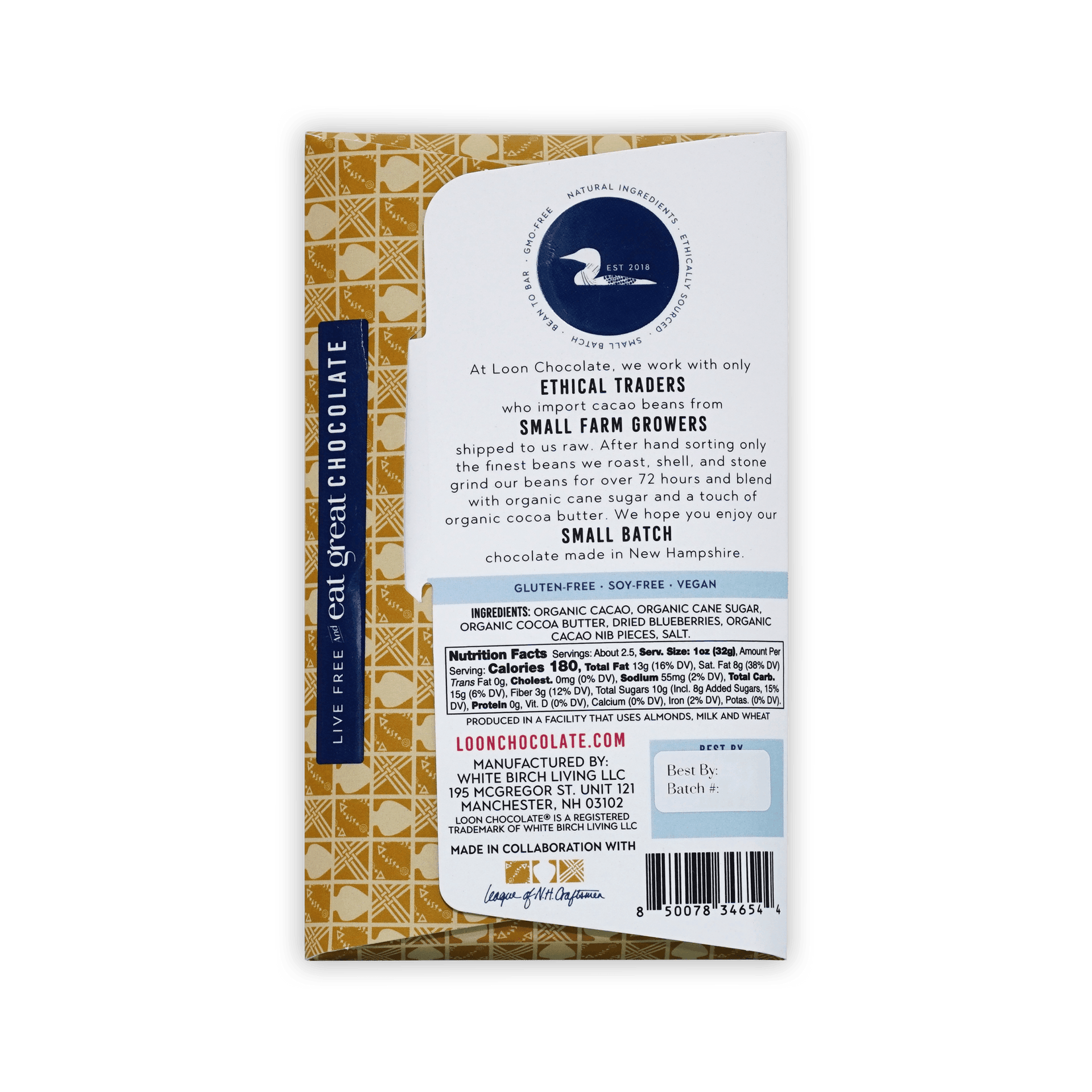 Back of Loon Chocolate Blueberry box, brand text about ethical traders and small farm growers, ingredients and nutrition panel