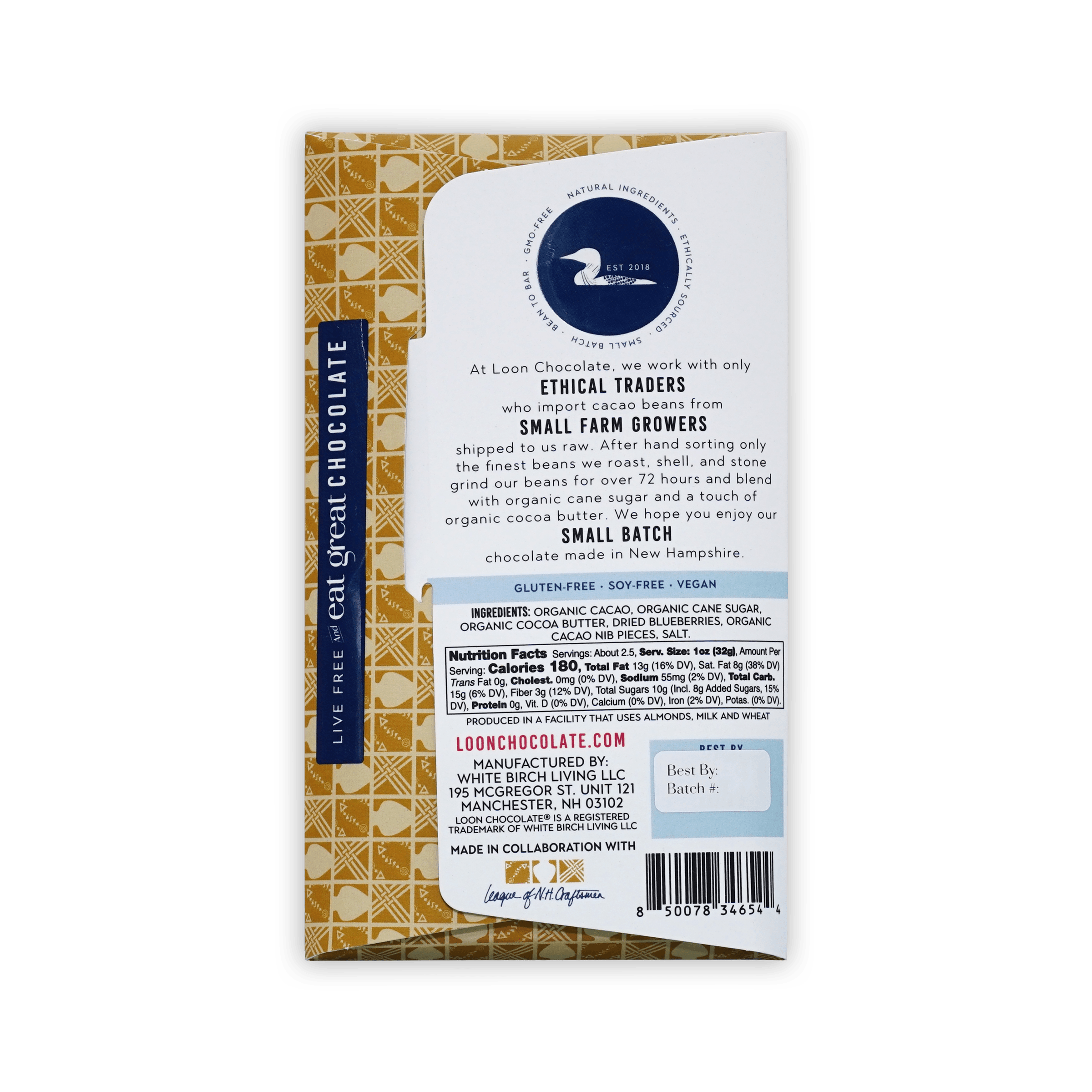 Back of Loon Chocolate Blueberry box, brand text about ethical traders and small farm growers, ingredients and nutrition panel