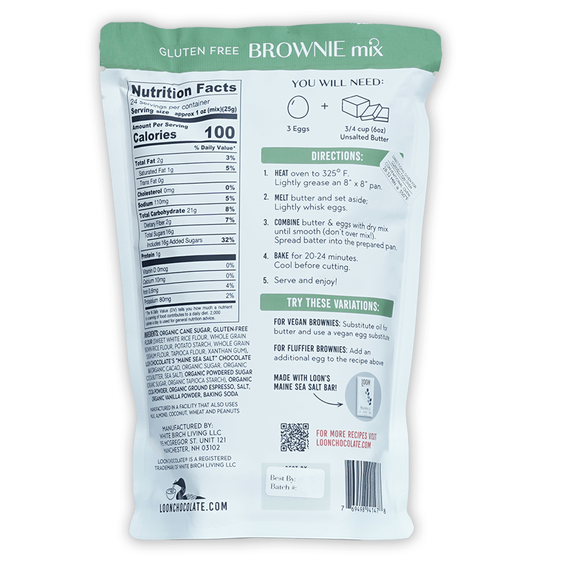 Loon Chocolate gluten-free brownie mix in white green package