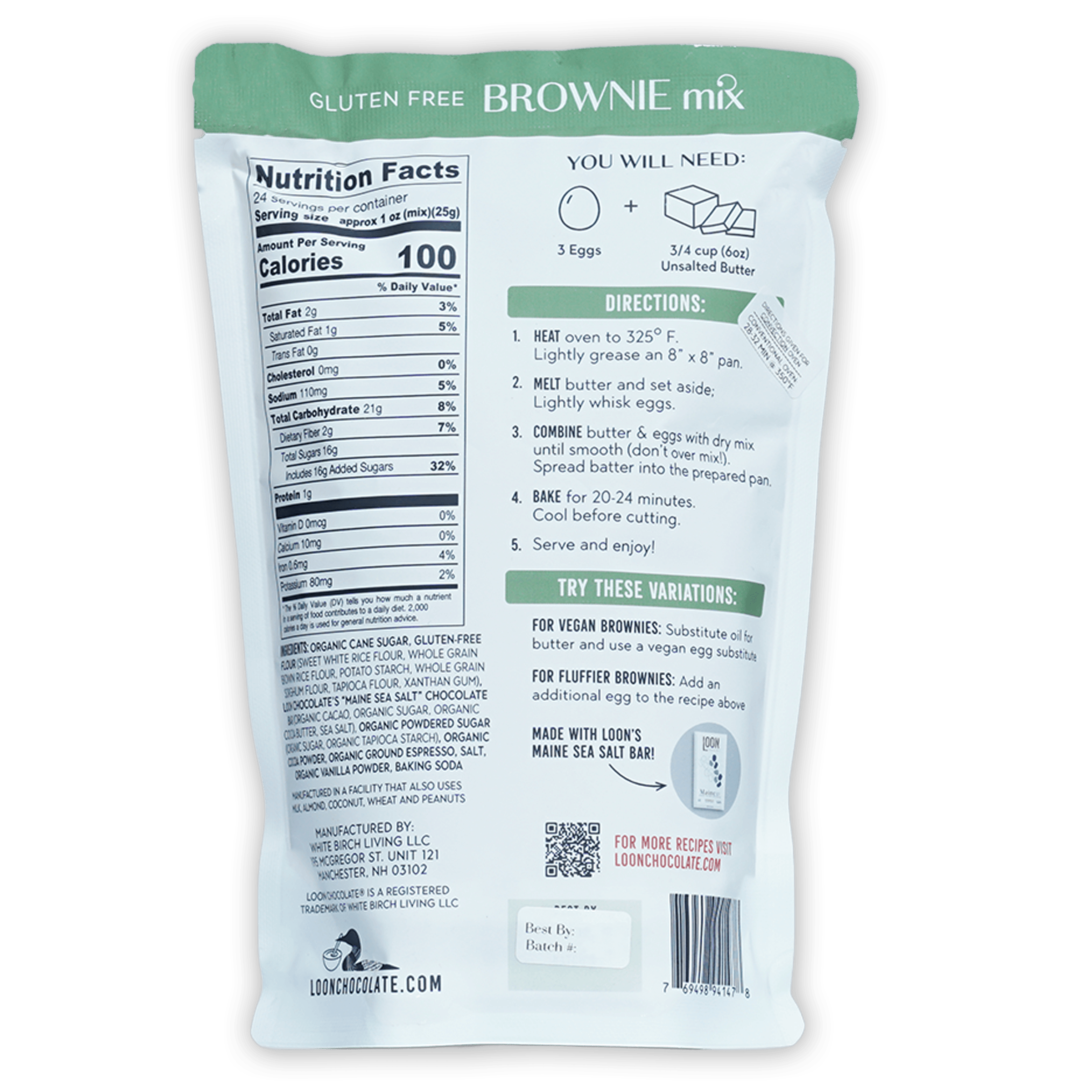 Loon Chocolate gluten-free brownie mix in white green package