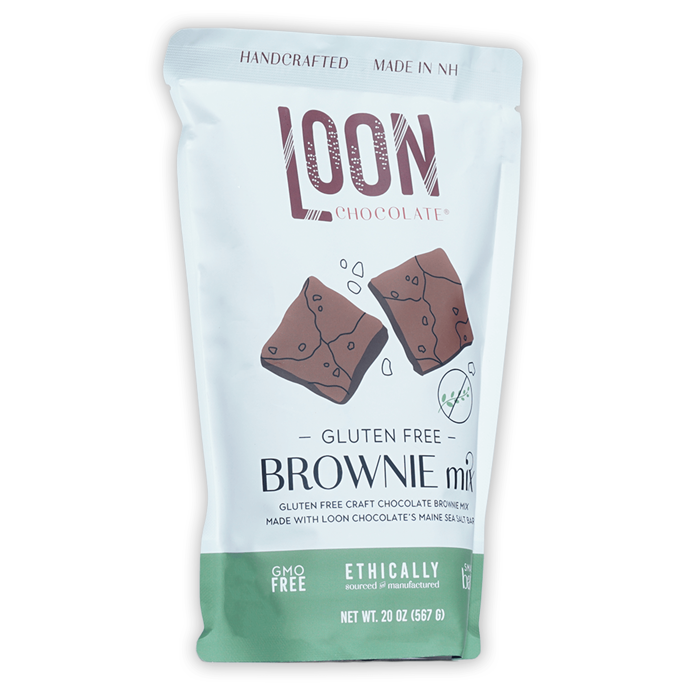 Loon Chocolate gluten-free brownie mix white green pouch with chocolate illustrations
