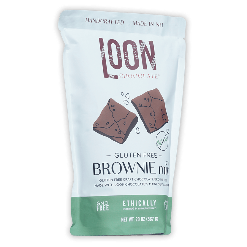 Loon Chocolate gluten-free brownie mix white green pouch with chocolate illustrations