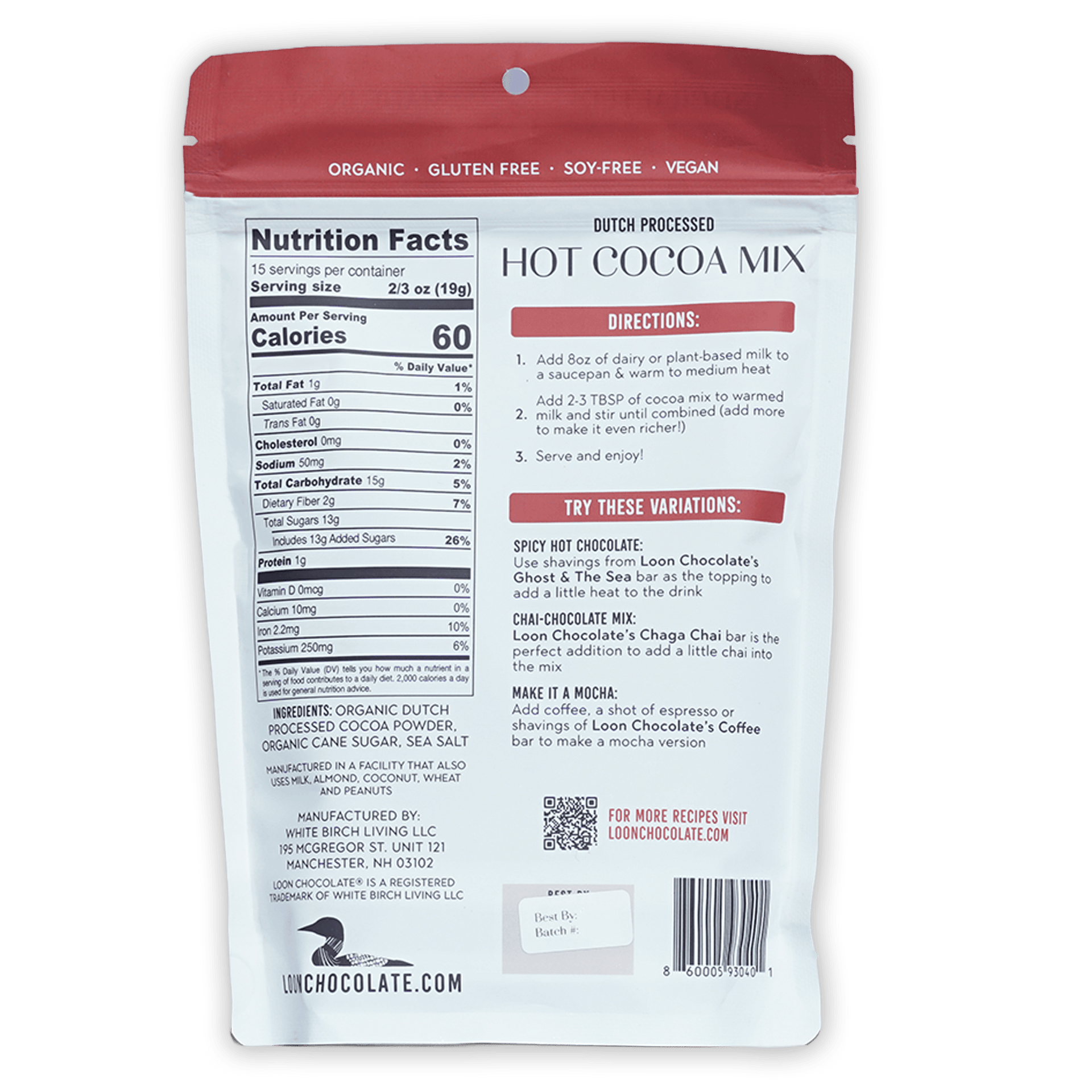Red and white Loon Chocolate Dutch processed hot cocoa mix pouch
