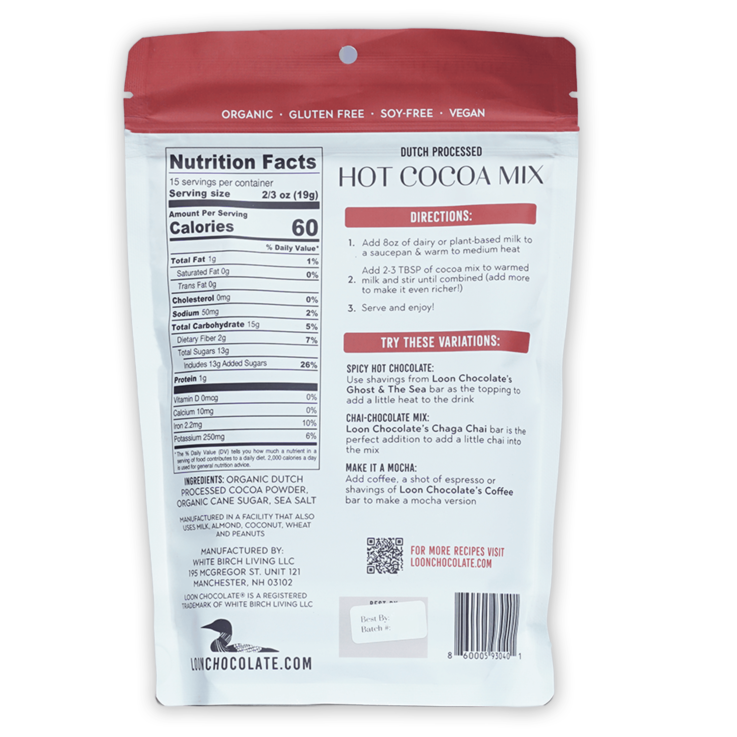 Red and white Loon Chocolate Dutch processed hot cocoa mix pouch