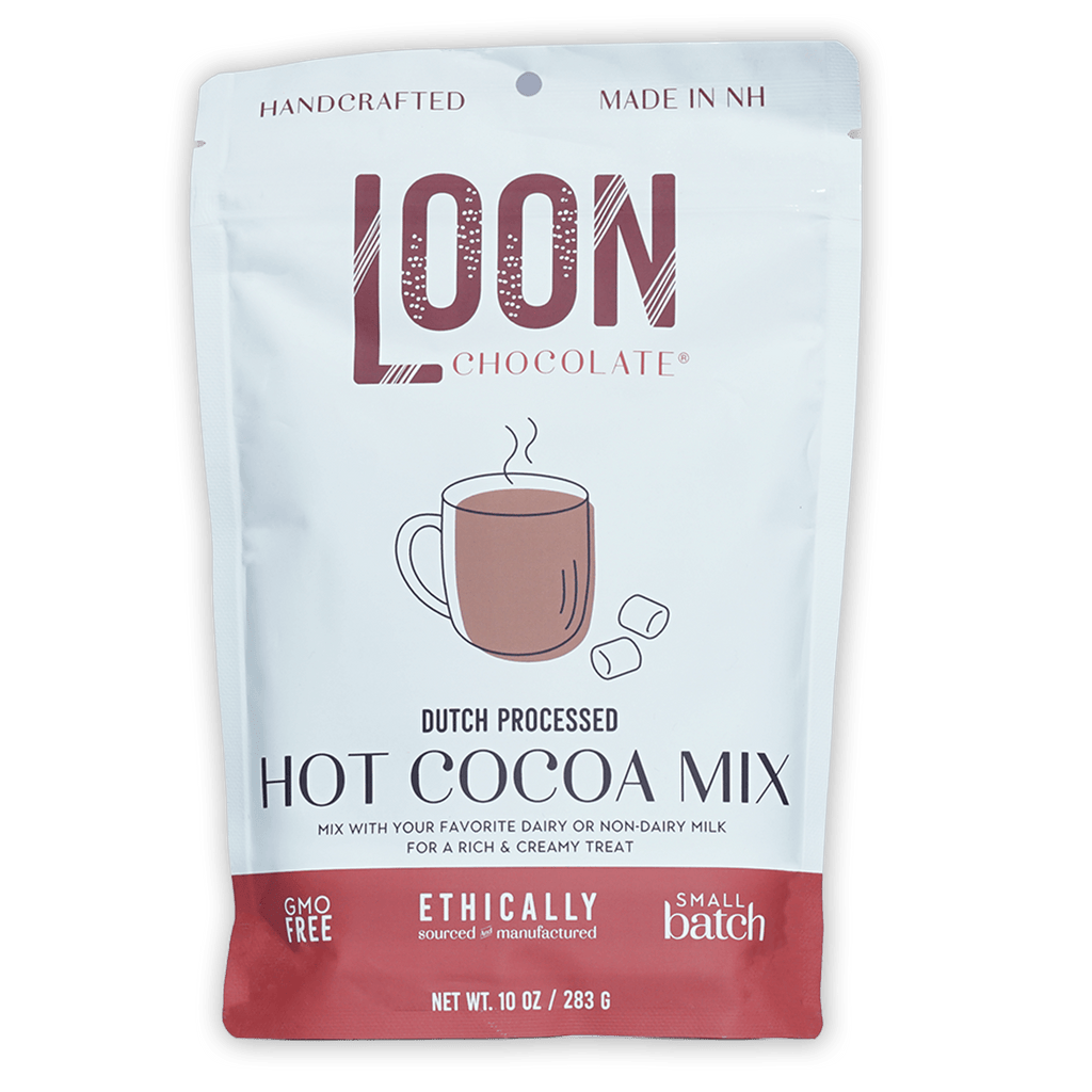 Loon Chocolate Dutch processed hot cocoa mix pouch with steaming mug
