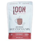 Loon Chocolate Dutch processed hot cocoa mix pouch with steaming mug