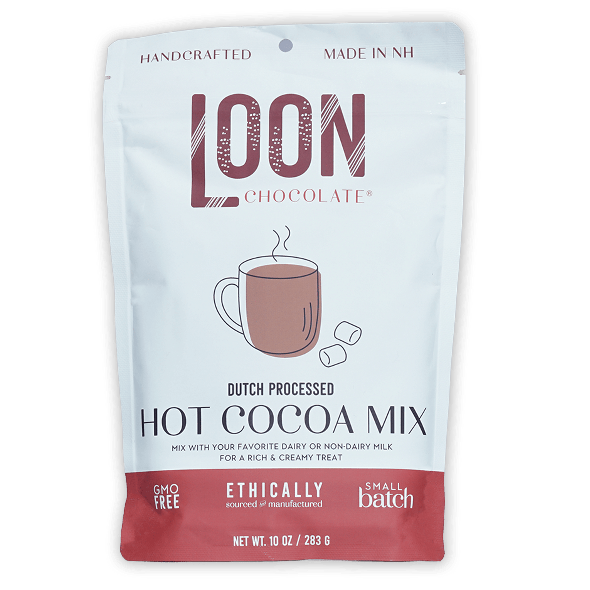 Loon Chocolate Dutch processed hot cocoa mix pouch with steaming mug