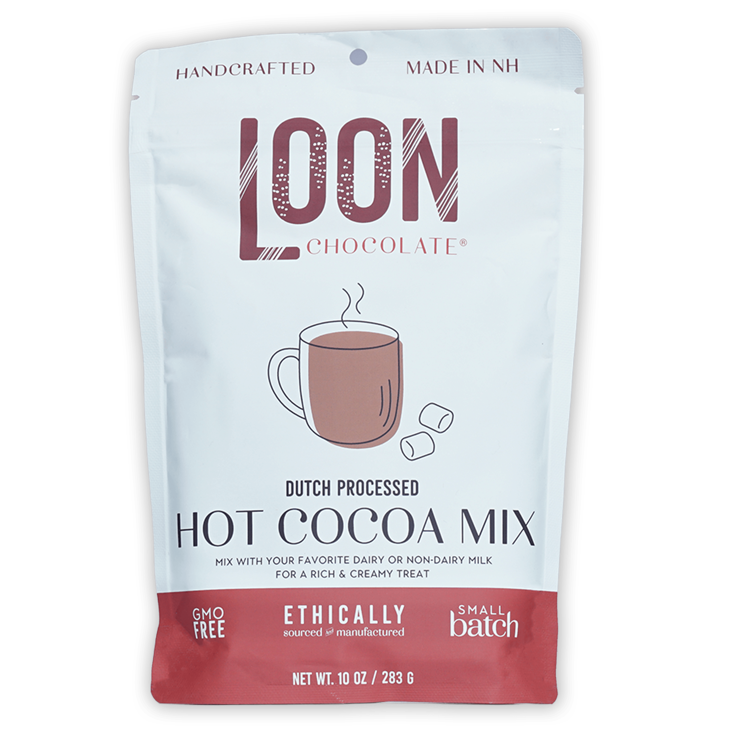 Loon Chocolate Dutch processed hot cocoa mix pouch with steaming mug