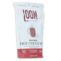 Loon Chocolate dutch processed hot cocoa mix white red pouch with steaming mug