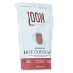 Loon Chocolate dutch processed hot cocoa mix white red pouch with steaming mug