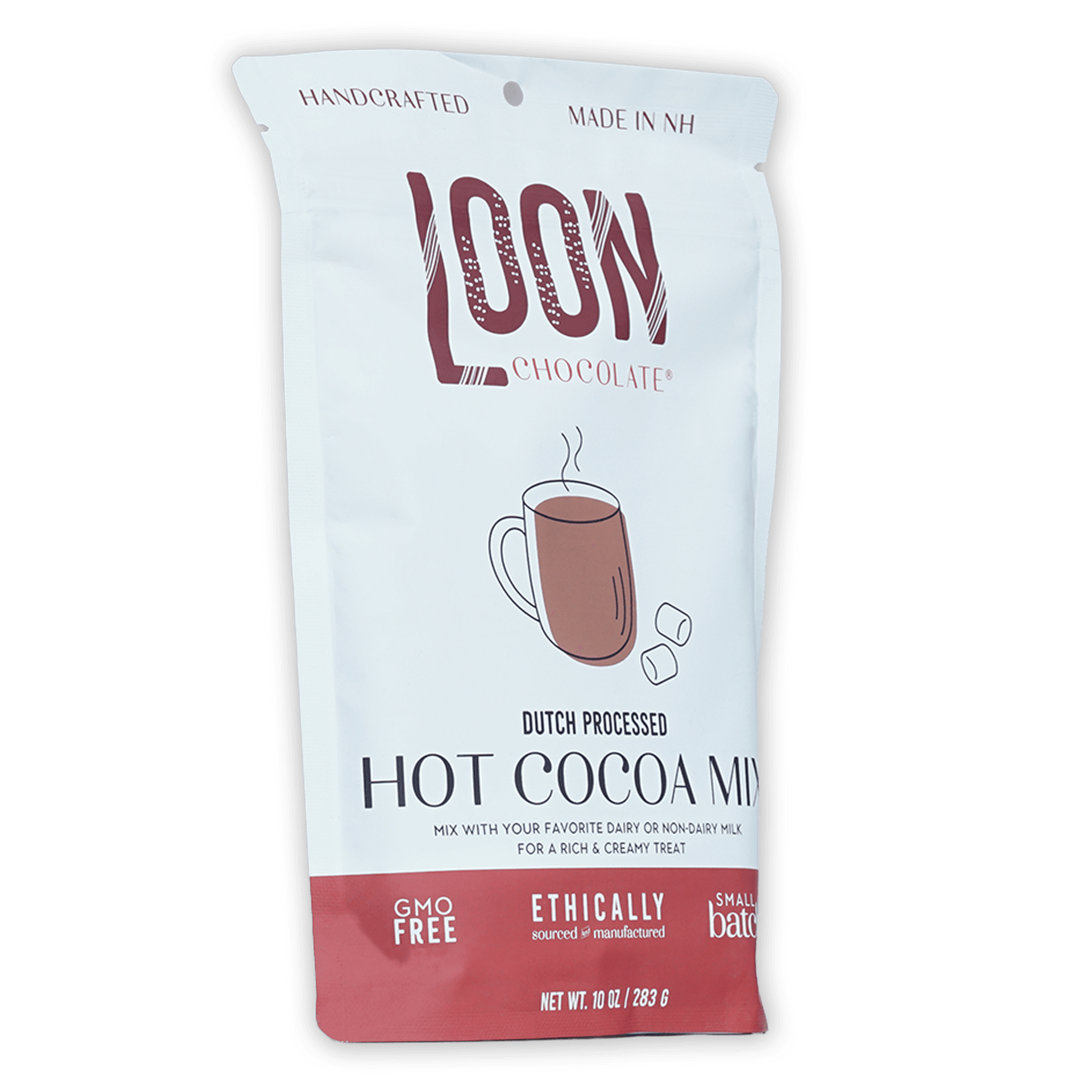 Loon Chocolate dutch processed hot cocoa mix white red pouch with steaming mug