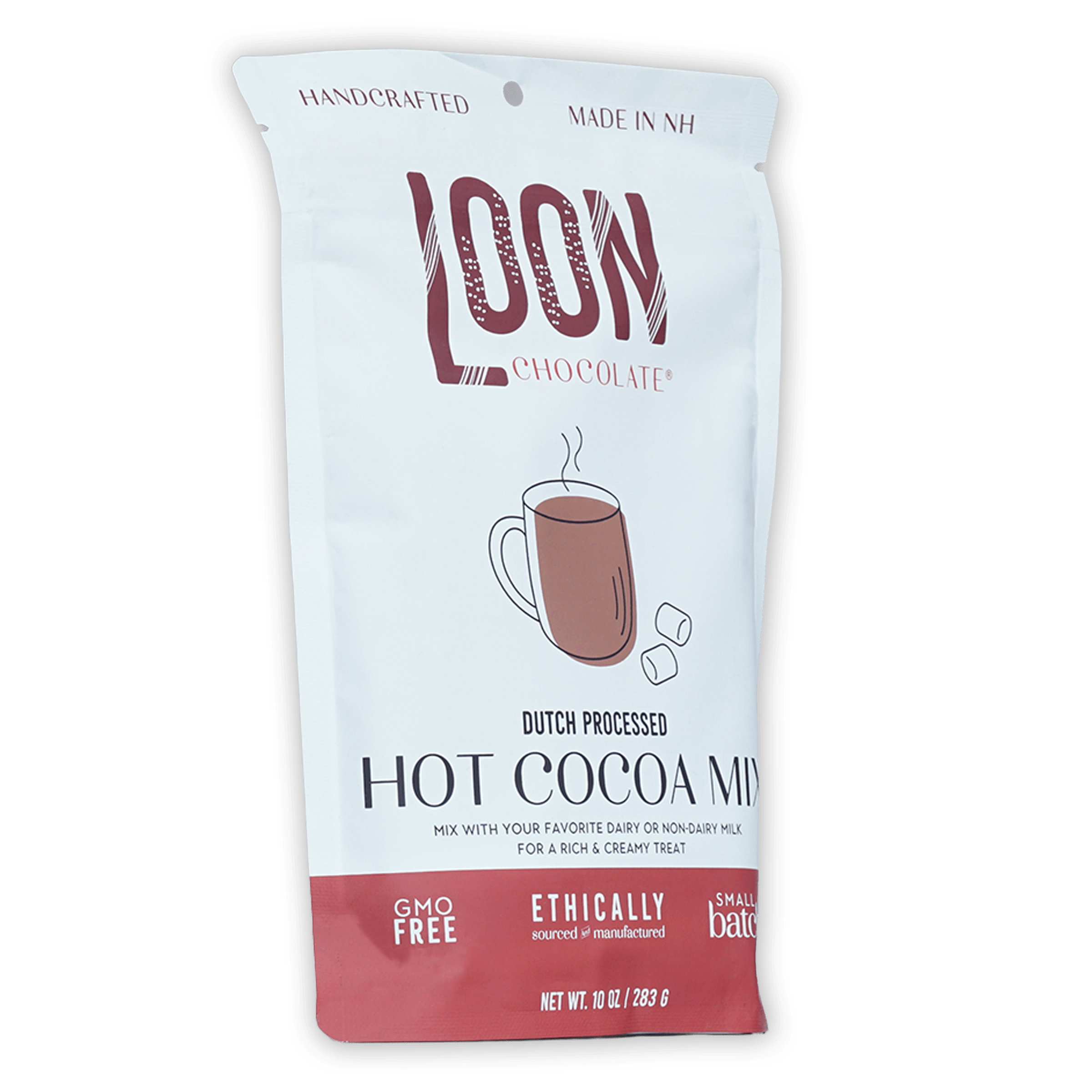 Loon Chocolate dutch processed hot cocoa mix white red pouch with steaming mug
