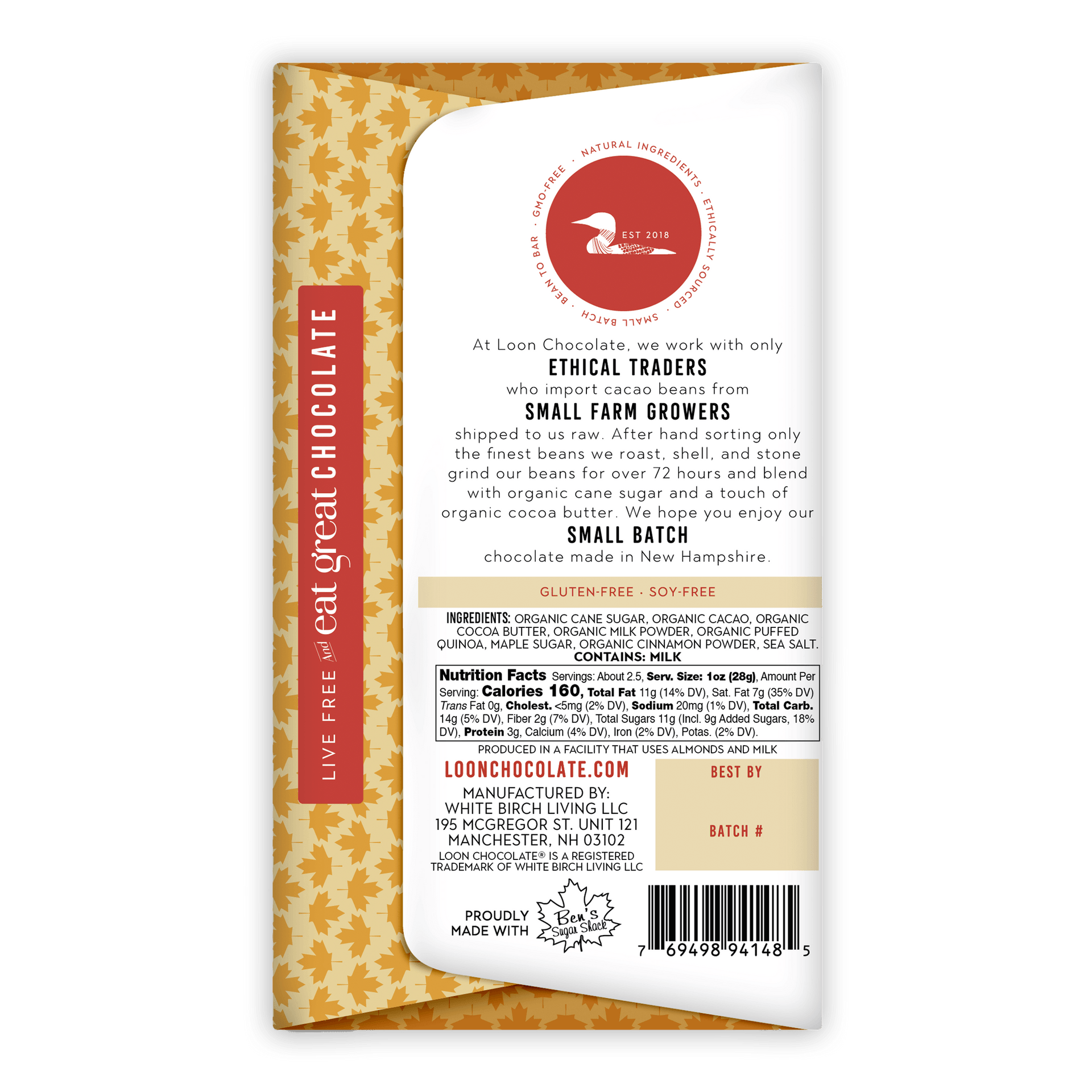 Loon Chocolate Milk Maple Crunch 50% bar wrapper with ethical sourcing text
