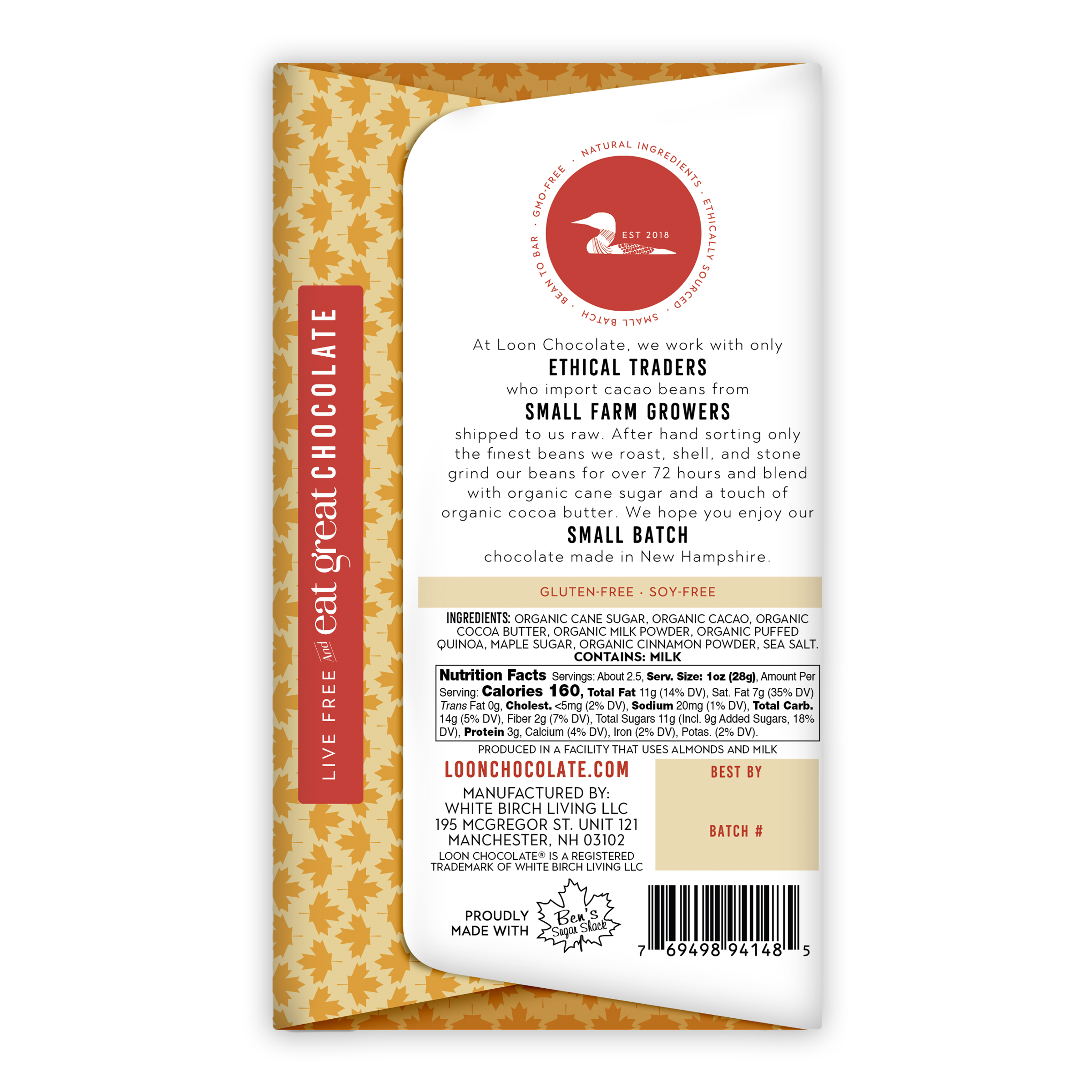 Loon Chocolate Milk Maple Crunch 50% bar wrapper with ethical sourcing text