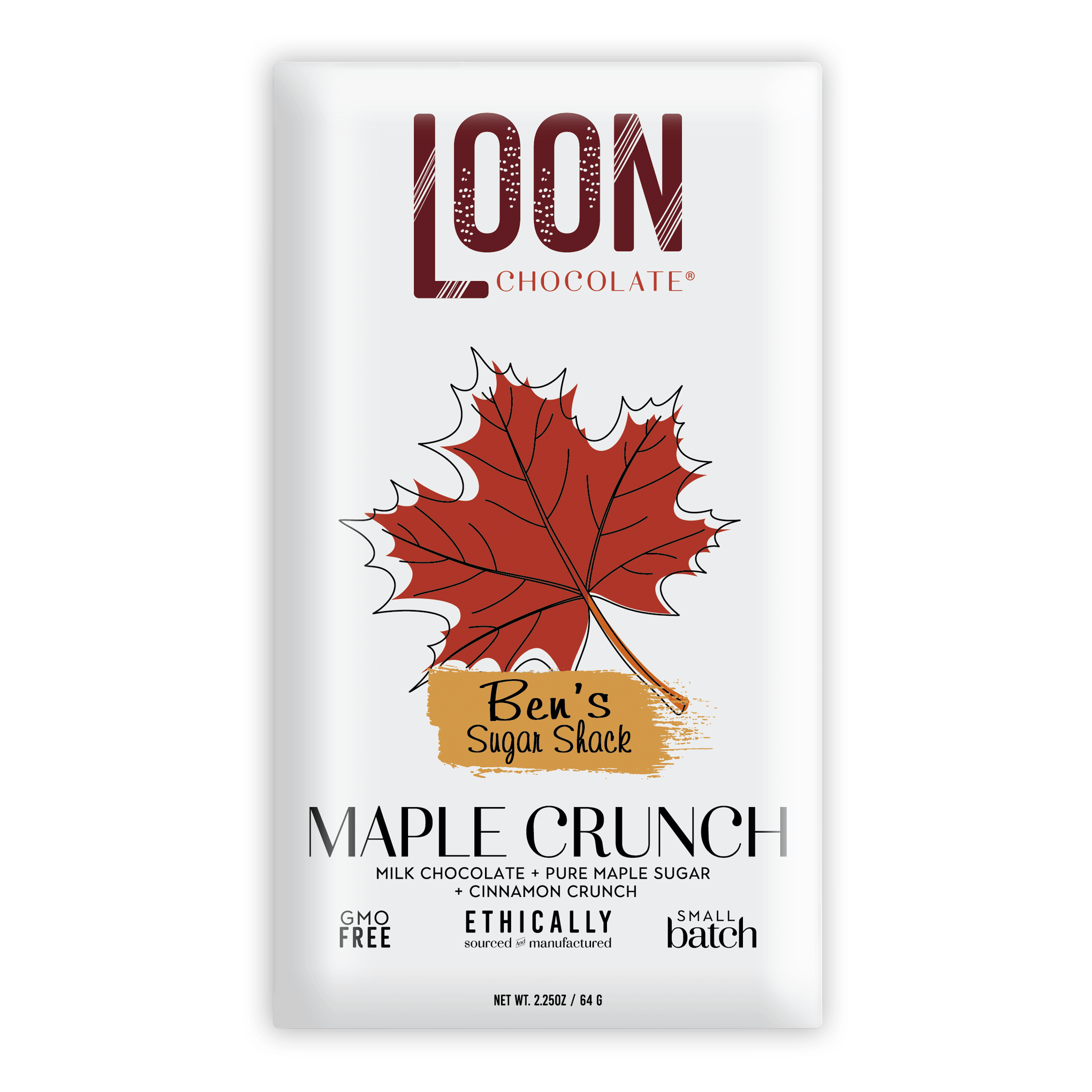 Loon Chocolate Milk Maple Crunch 50% white bar with red maple leaf