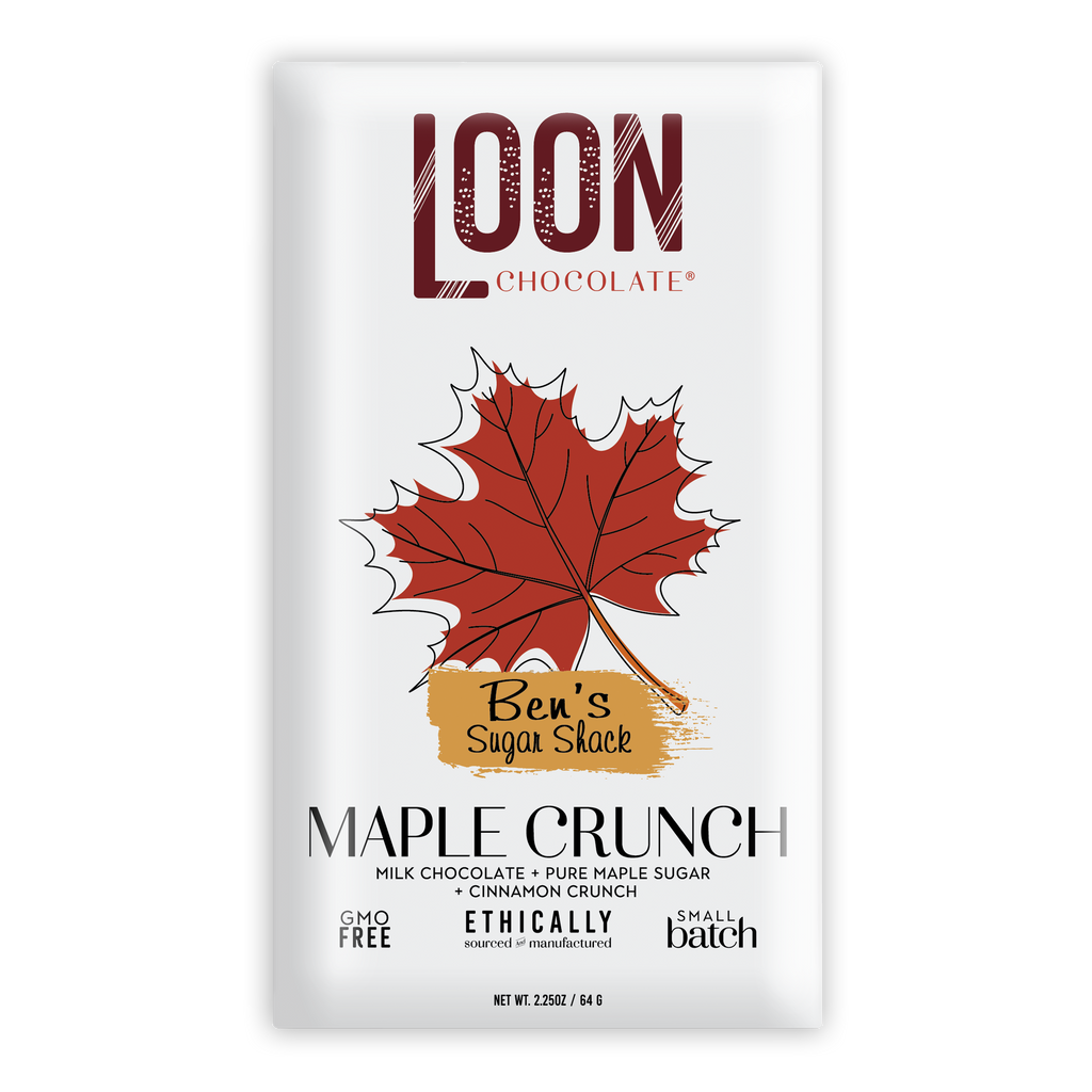 Loon Chocolate Milk Maple Crunch 50% white bar with red maple leaf
