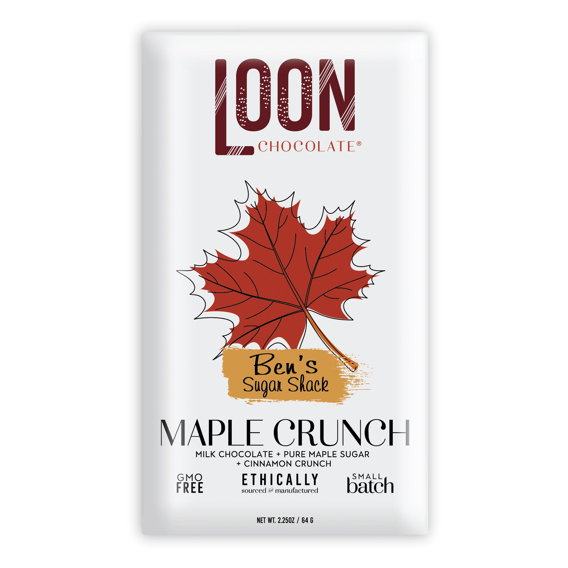 Loon Chocolate Milk Maple Crunch 50% white bar with red maple leaf
