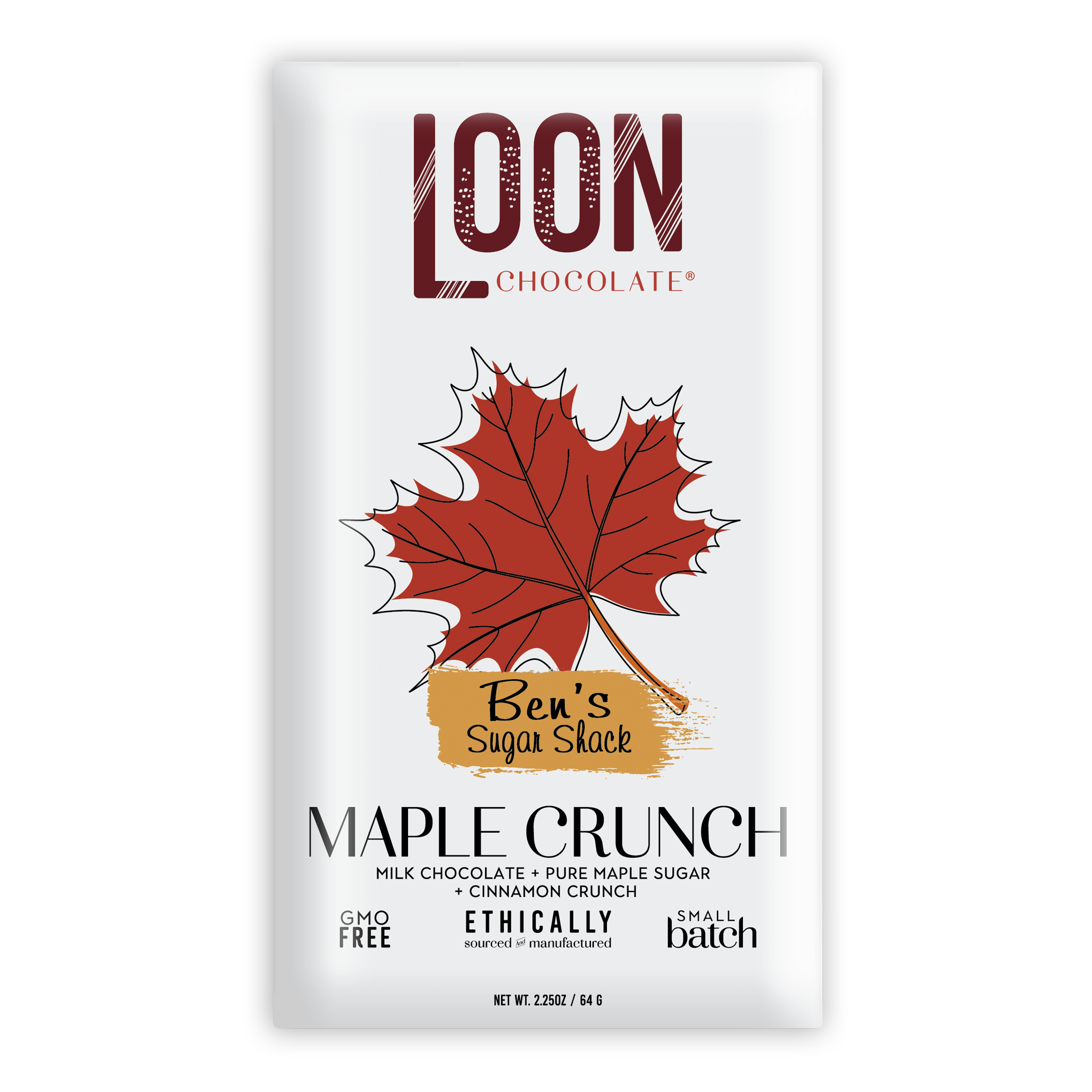 Loon Chocolate Milk Maple Crunch 50% white bar with red maple leaf