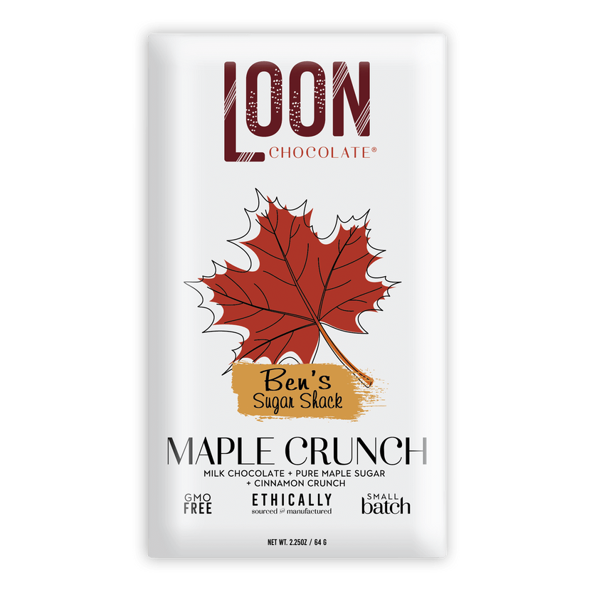 Loon Chocolate Milk Maple Crunch 50% white bar with red maple leaf