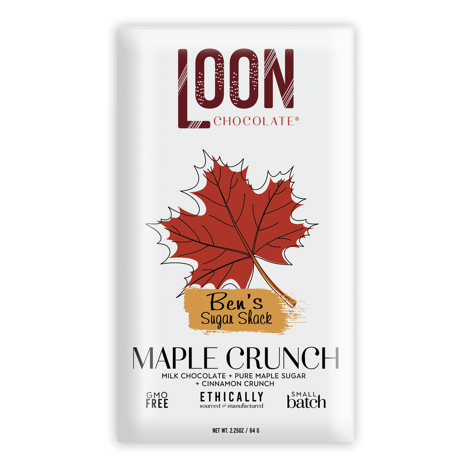 Loon Chocolate Milk Maple Crunch 50% white bar with red maple leaf