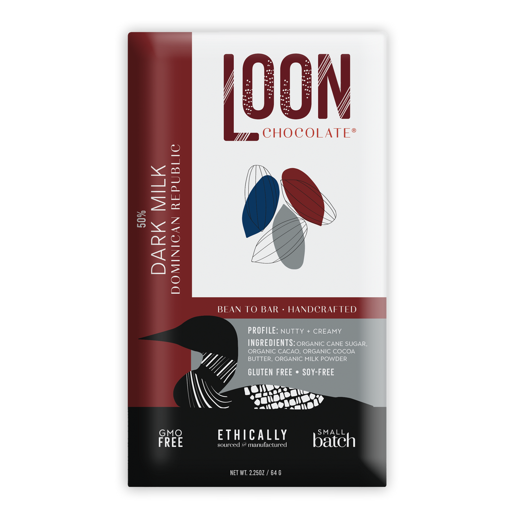 Loon Chocolate 50% Dark Milk bar from Dominican Republic in sleek wrapper