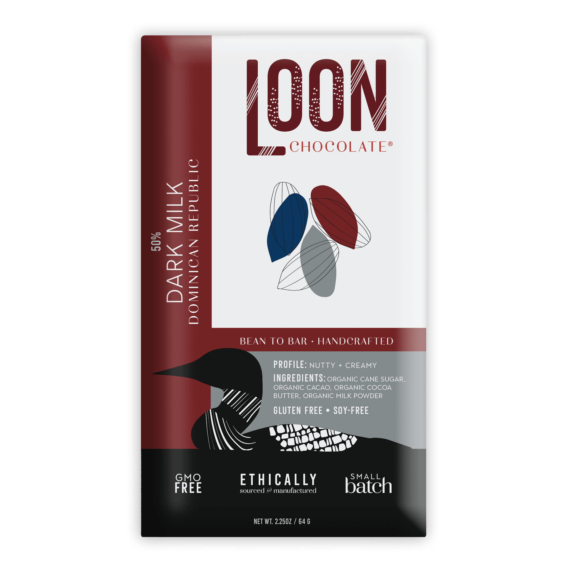 Loon Chocolate 50% Dark Milk bar from Dominican Republic in sleek wrapper