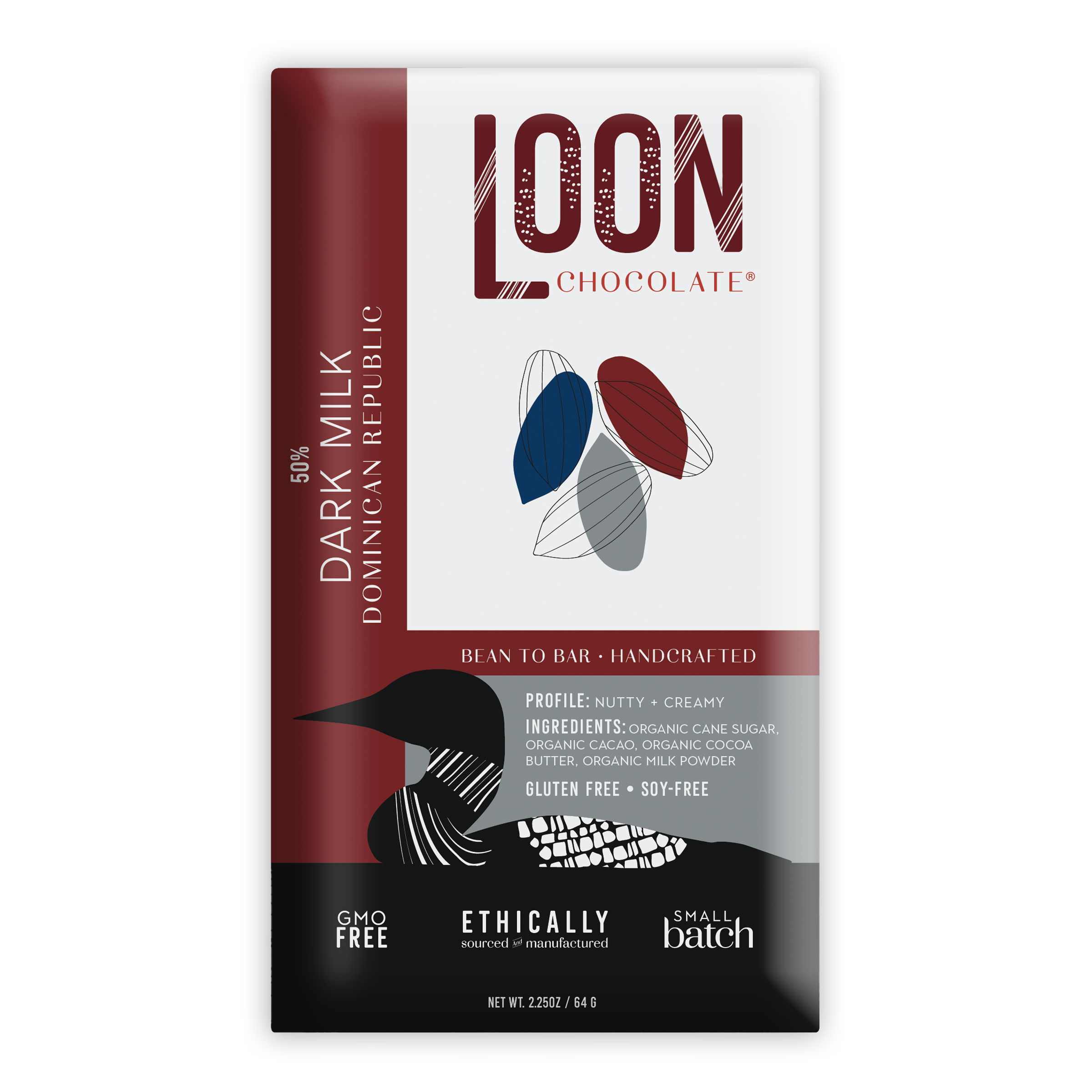 Loon Chocolate 50% Dark Milk bar from Dominican Republic in sleek wrapper
