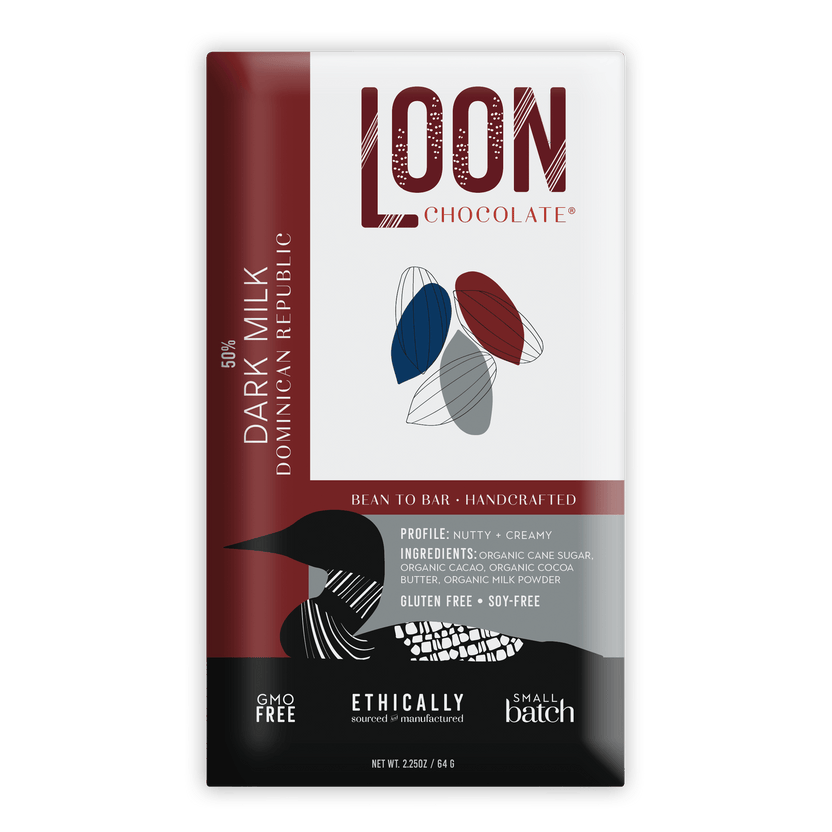 Loon Chocolate 50% Dark Milk bar from Dominican Republic in sleek wrapper