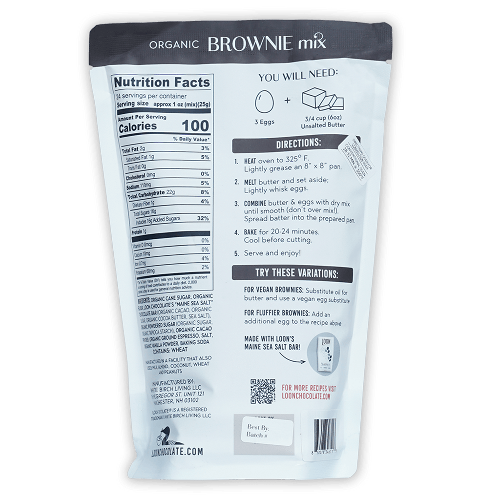 Loon Chocolate Organic Brownie Mix white bag with ingredients and QR code