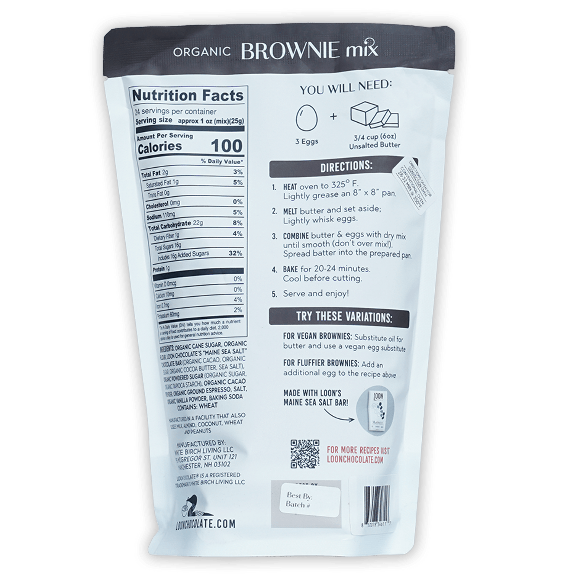 Loon Chocolate Organic Brownie Mix white bag with ingredients and QR code