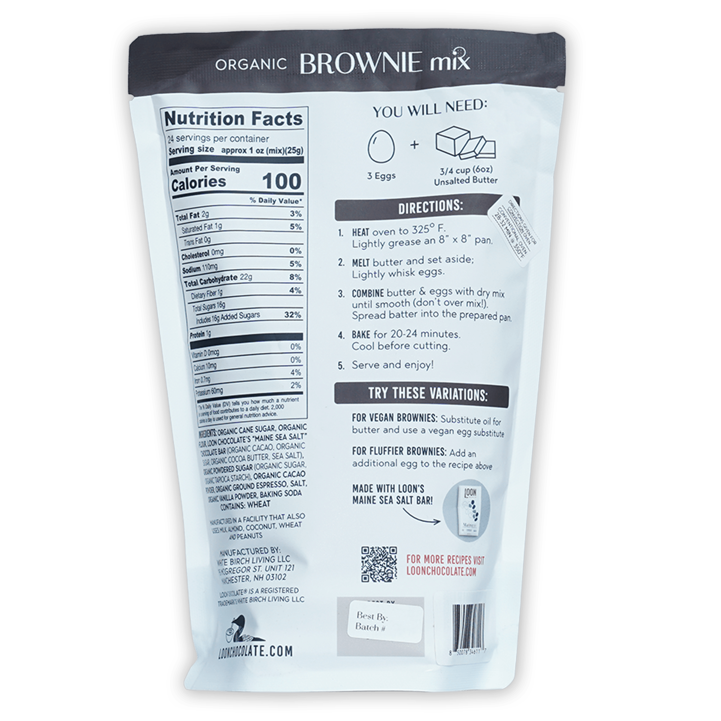 Loon Chocolate Organic Brownie Mix white bag with ingredients and QR code
