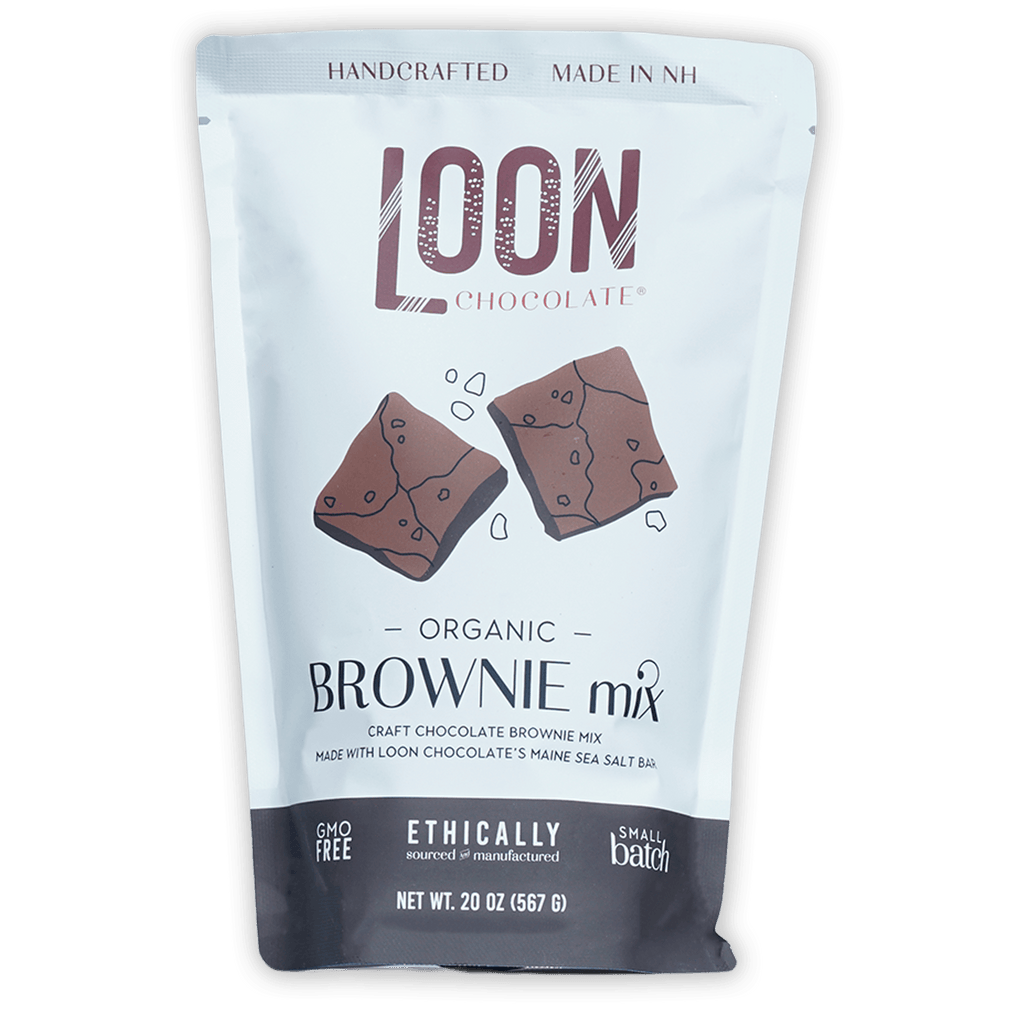 Loon Chocolate organic brownie mix white pouch with Maine sea salt