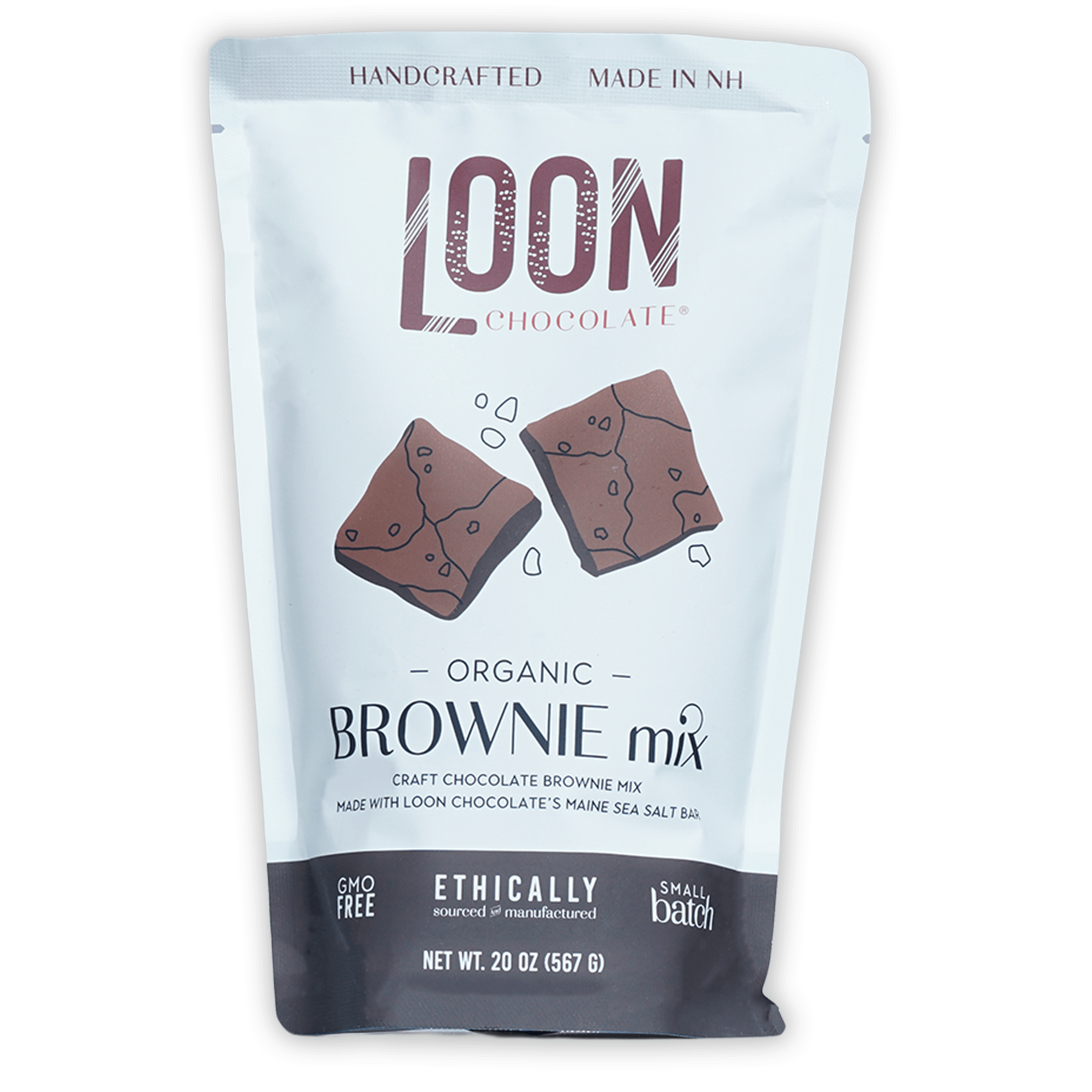 Loon Chocolate organic brownie mix white pouch with Maine sea salt
