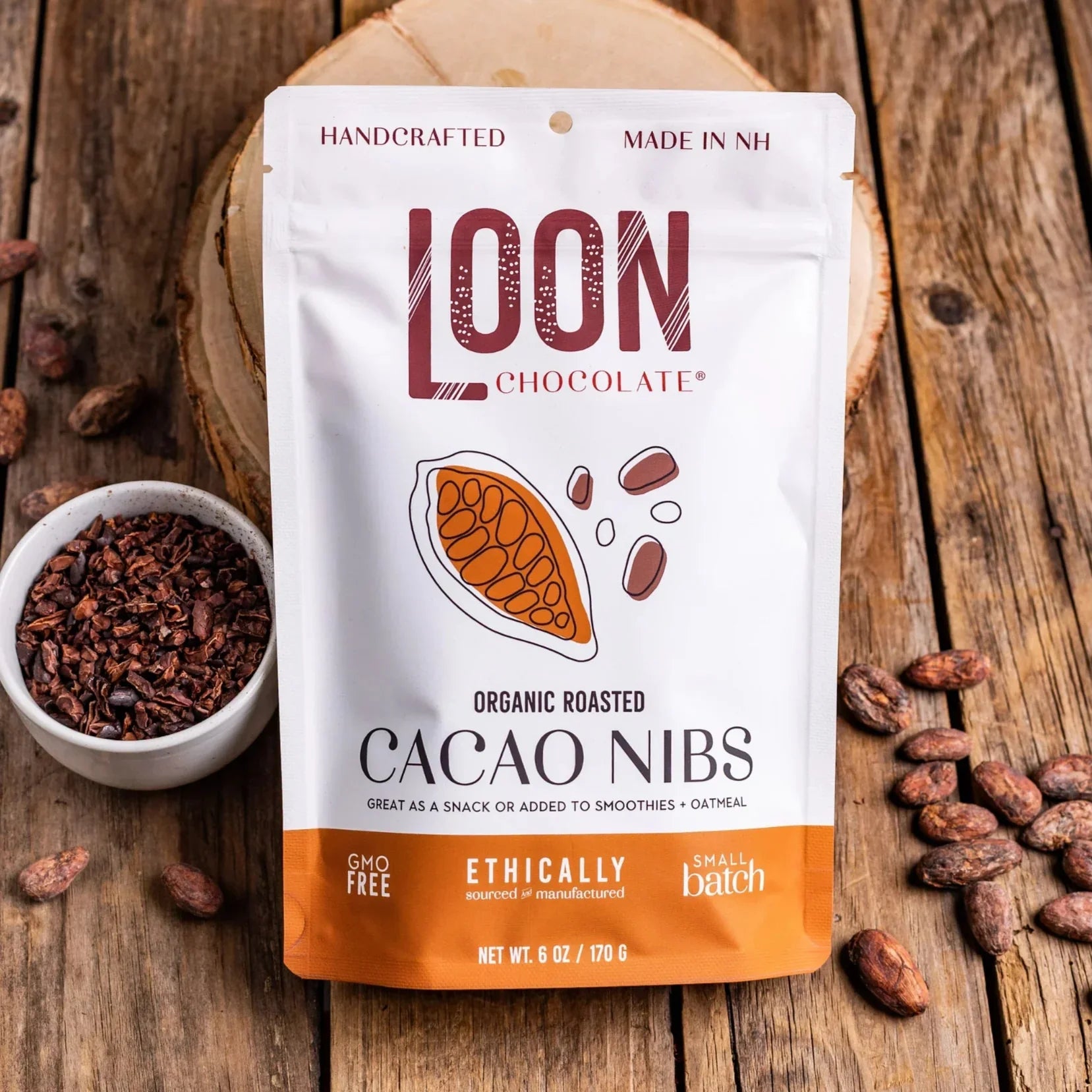 Loon Chocolate organic roasted cacao nibs white orange pouch