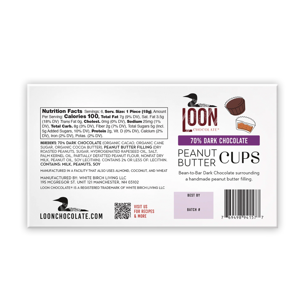 Loon Chocolate 70% dark peanut butter cups white package with purple banner