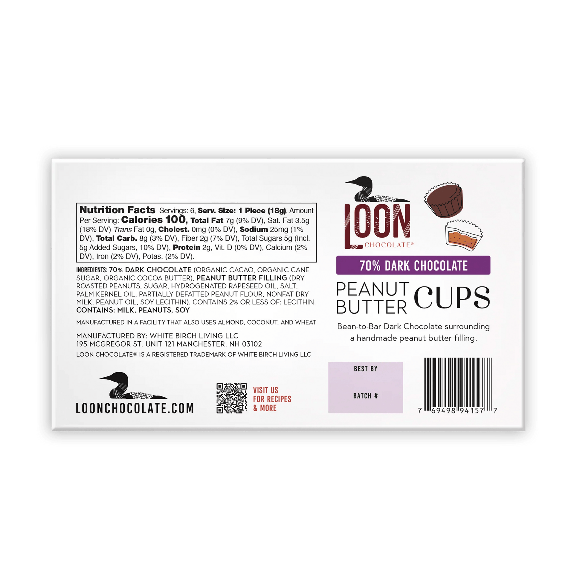 Loon Chocolate 70% dark peanut butter cups white package with purple banner