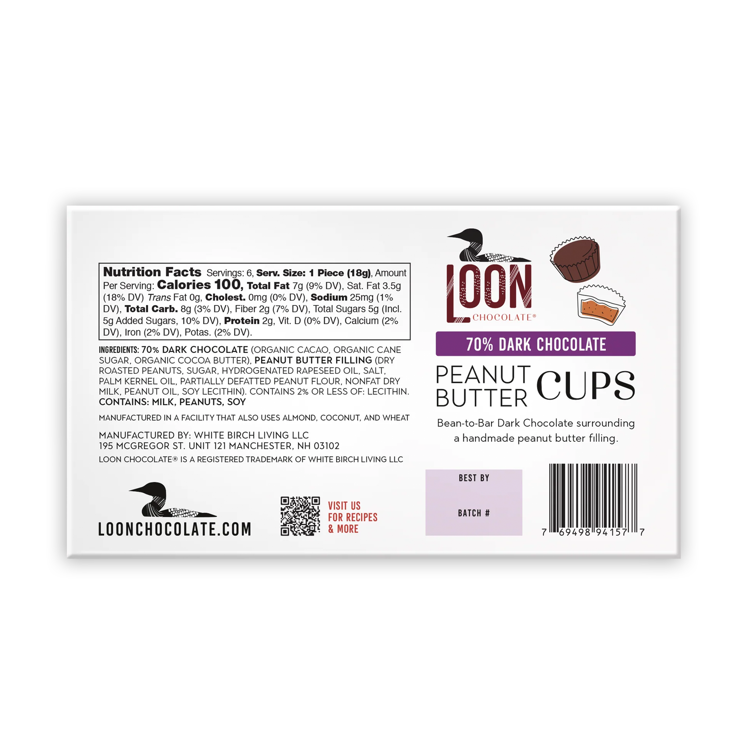Loon Chocolate 70% dark peanut butter cups white package with purple banner