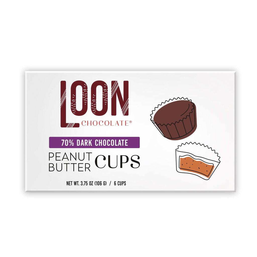 Loon Chocolate 70% dark peanut butter cups in white package