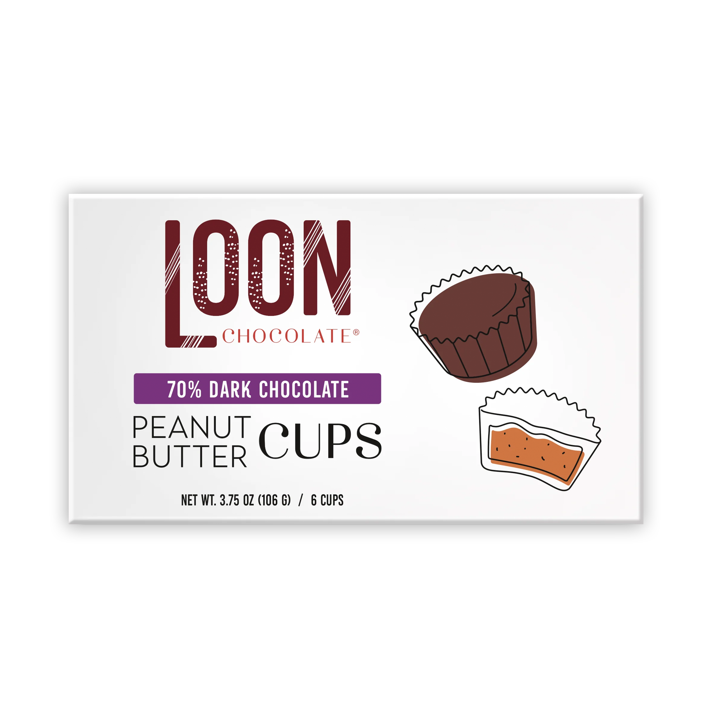 Loon Chocolate 70% dark peanut butter cups in white package