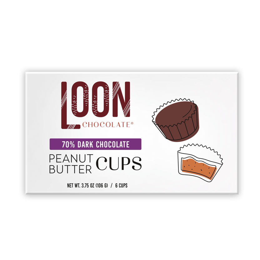 Loon Chocolate 70% dark peanut butter cups in white package