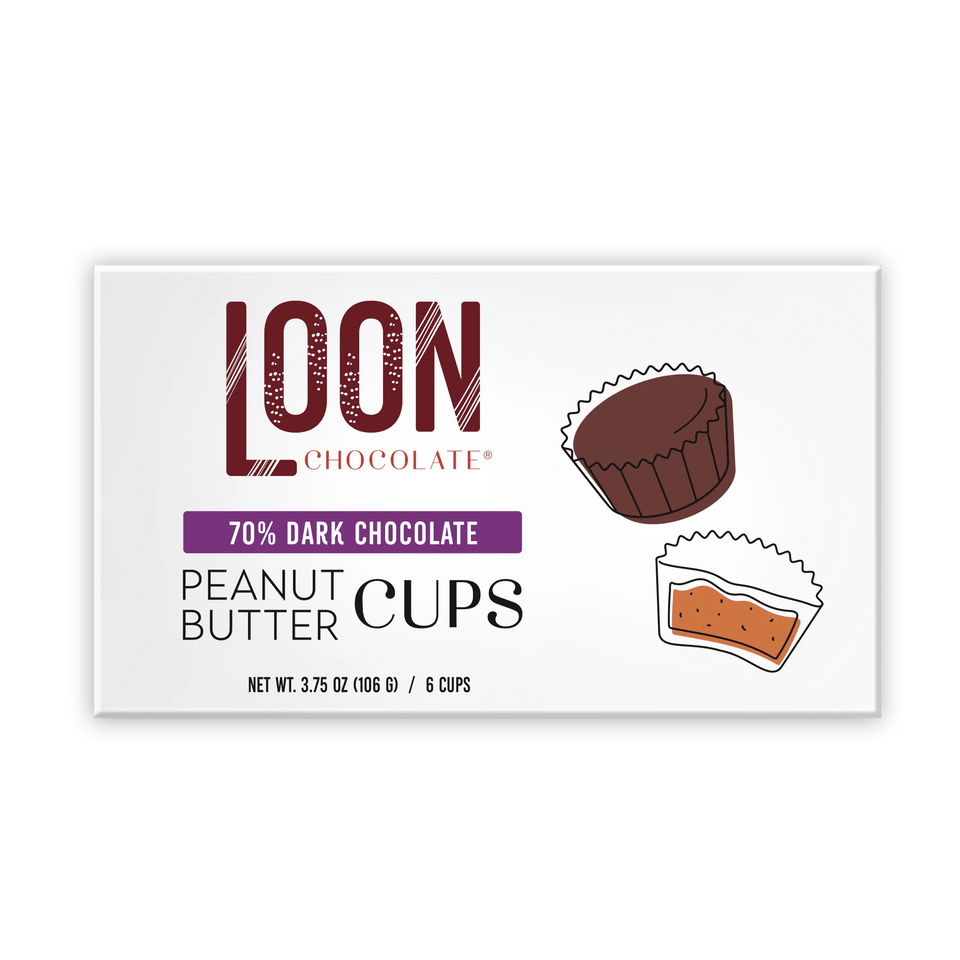 Loon Chocolate 70% dark peanut butter cups in white package