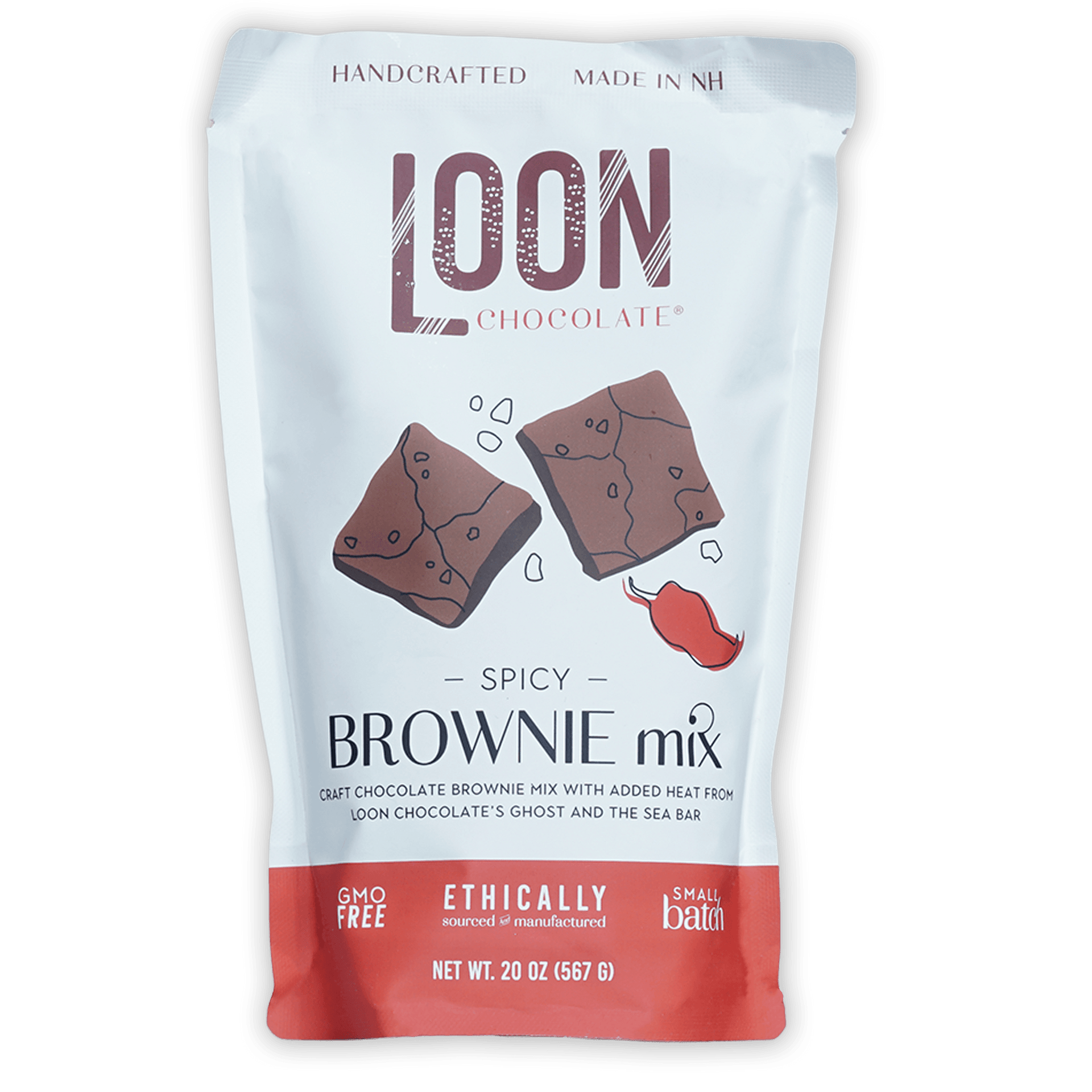 Loon Chocolate Spicy Brownie Mix white red pouch with brownie chili art