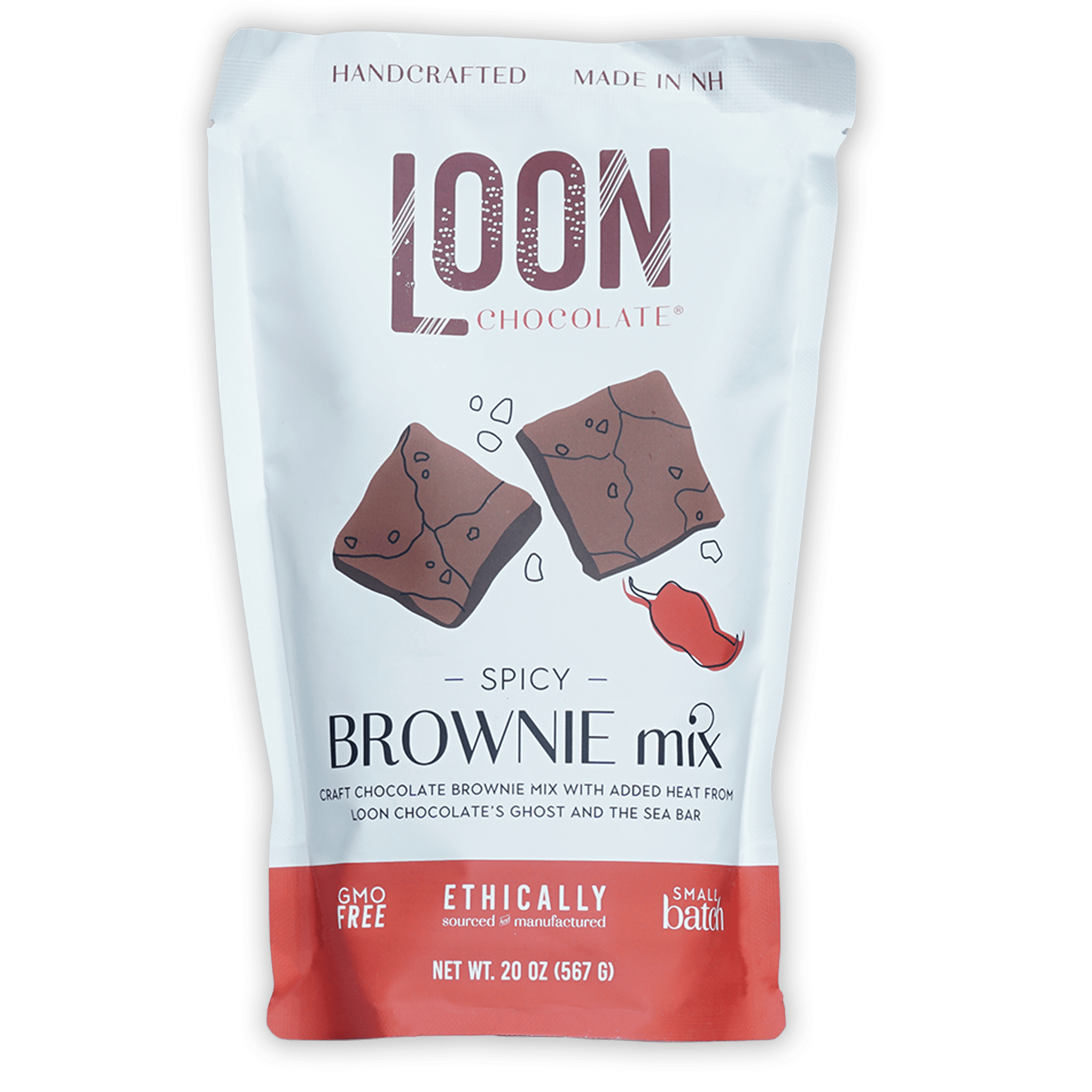 Loon Chocolate Spicy Brownie Mix white red pouch with brownie chili art