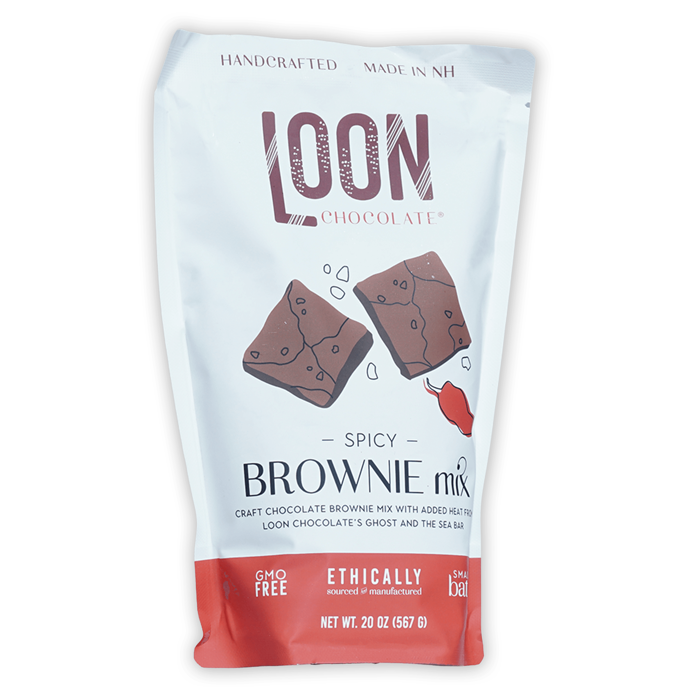 Loon Chocolate Spicy Brownie Mix white red pouch with chili brownie art