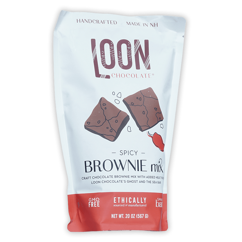 Loon Chocolate Spicy Brownie Mix white red pouch with chili brownie art
