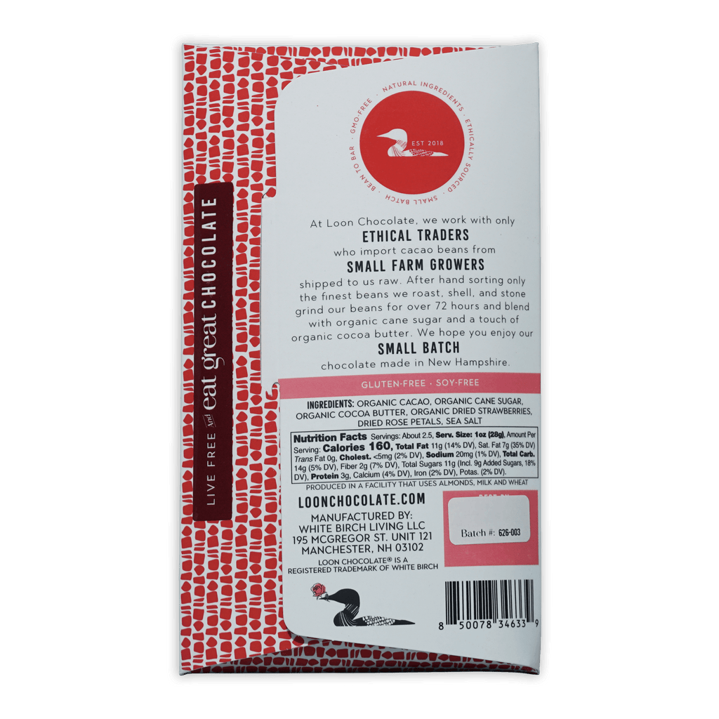 Loon Chocolate Dark w/ Strawberry Rose 70% red white bird logo wrapper