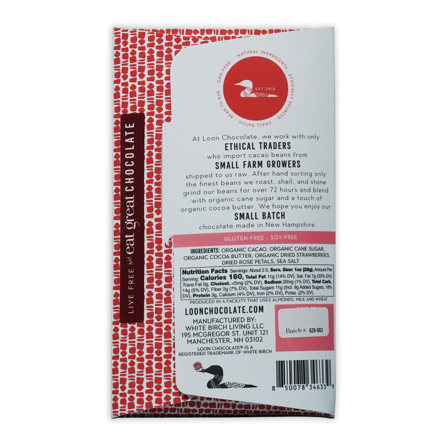 Loon Chocolate Dark w/ Strawberry Rose 70% red white bird logo wrapper