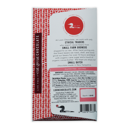 Loon Chocolate Dark w/ Strawberry Rose 70% red white bird logo wrapper